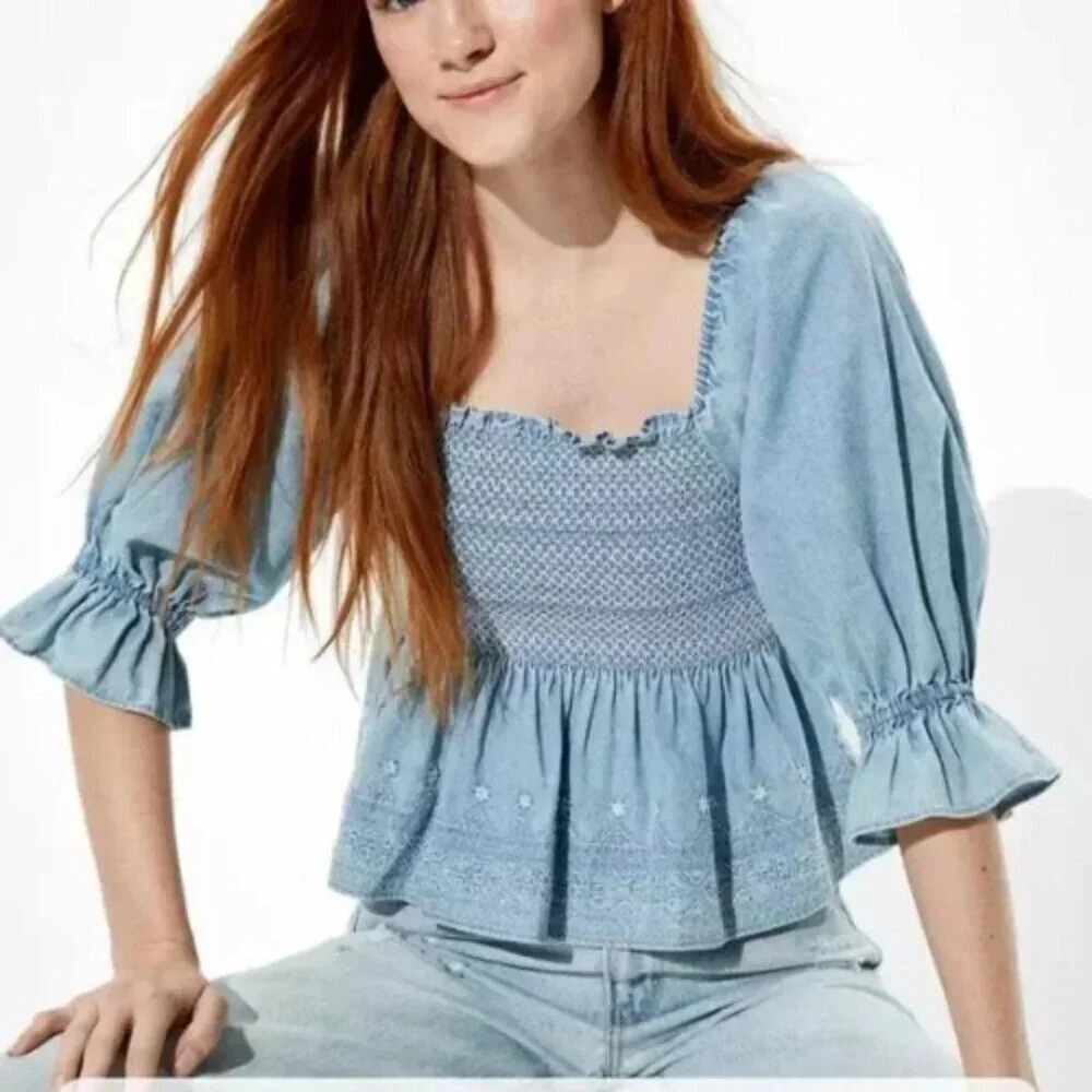 American Eagle Womens  Small Smocked Square Neck Babydoll Chambray Top